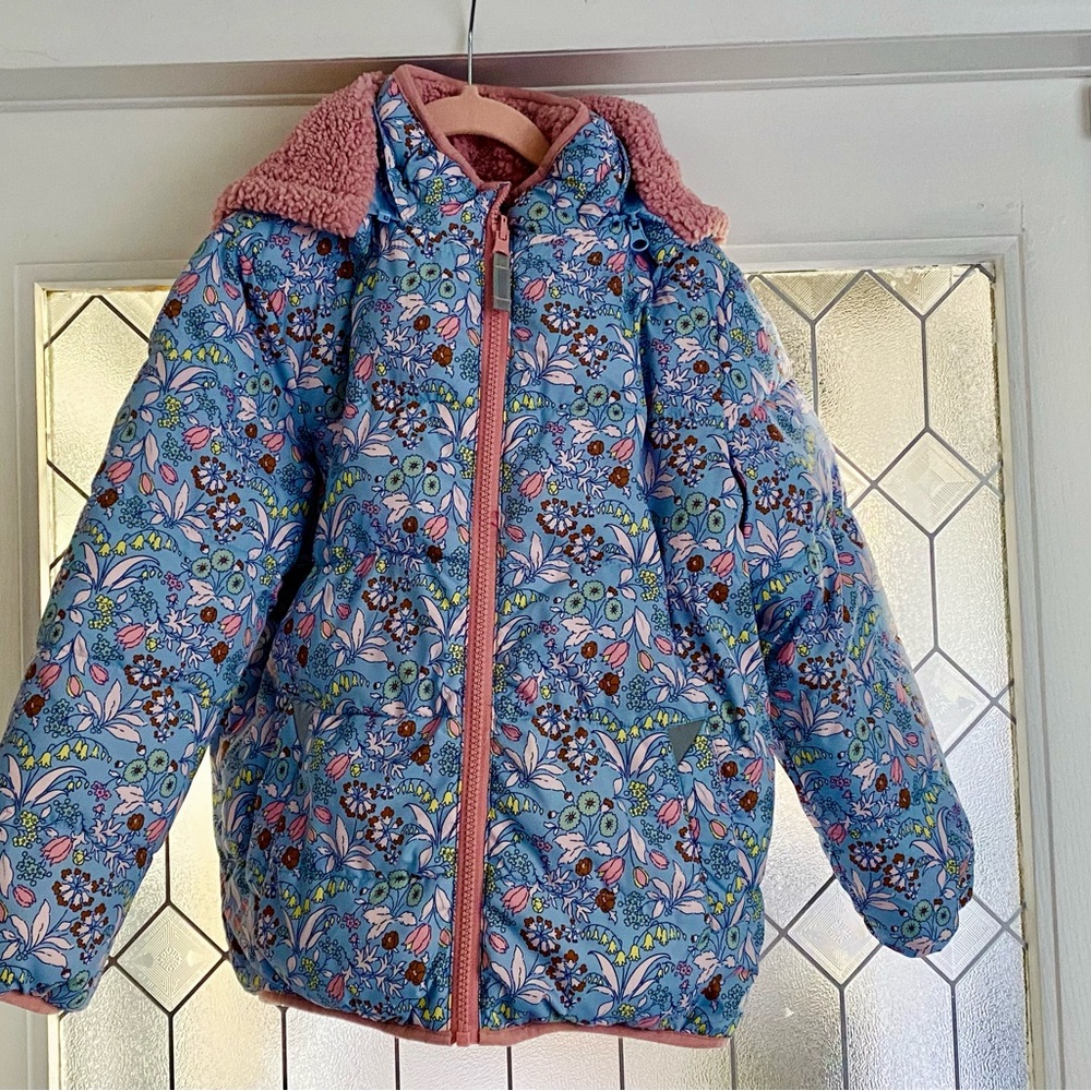 Boden Blue Floral Kids (7-8yr) Puffer Jacket with Pink Trim